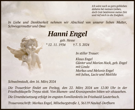 Traueranzeige von Hanni Engel von HNA