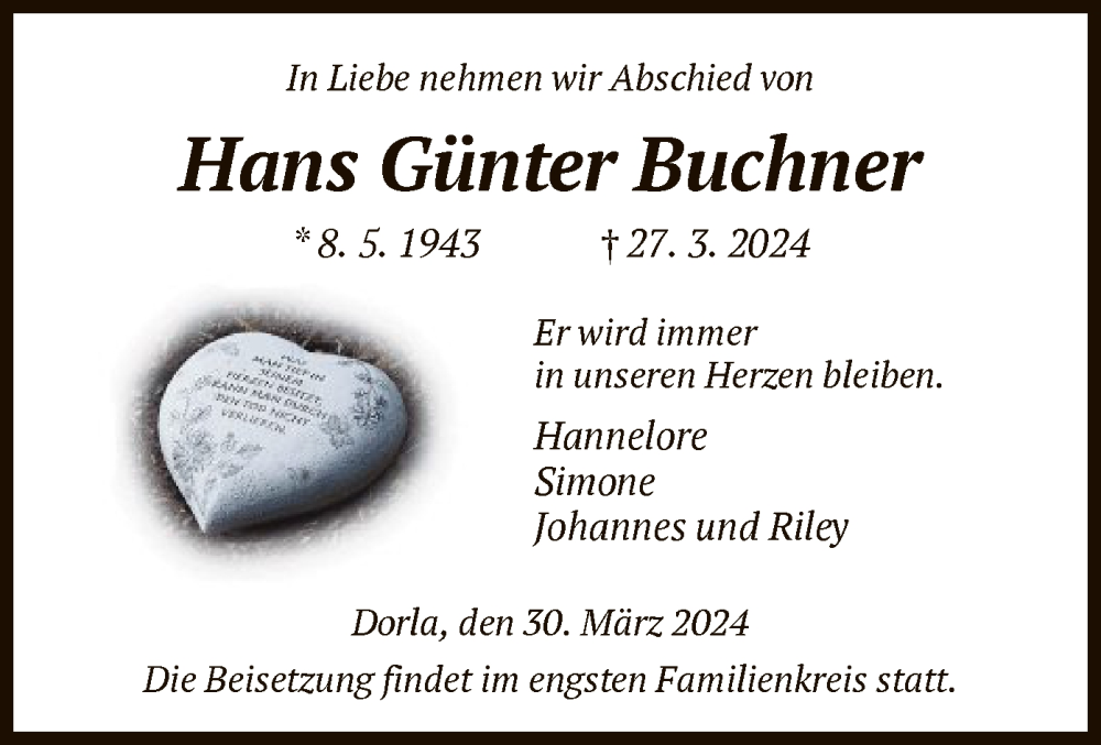  Traueranzeige für Hans  Buchner vom 30.03.2024 aus HNA