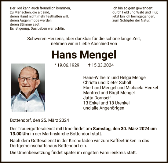 Traueranzeige von Hans Mengel von HNA