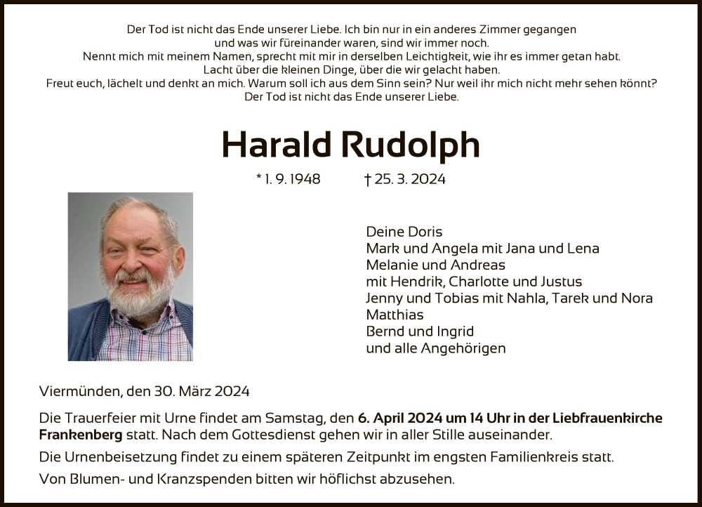  Traueranzeige für Harald Rudolph vom 30.03.2024 aus HNA