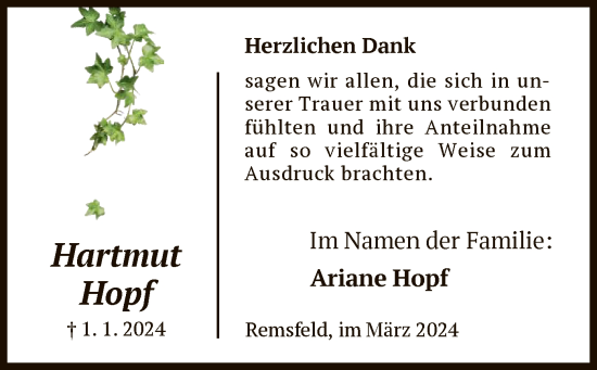 Traueranzeige von Hartmut Hopf von HNA