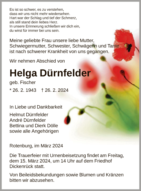 Traueranzeige von Helga Dürnfelder von HNA