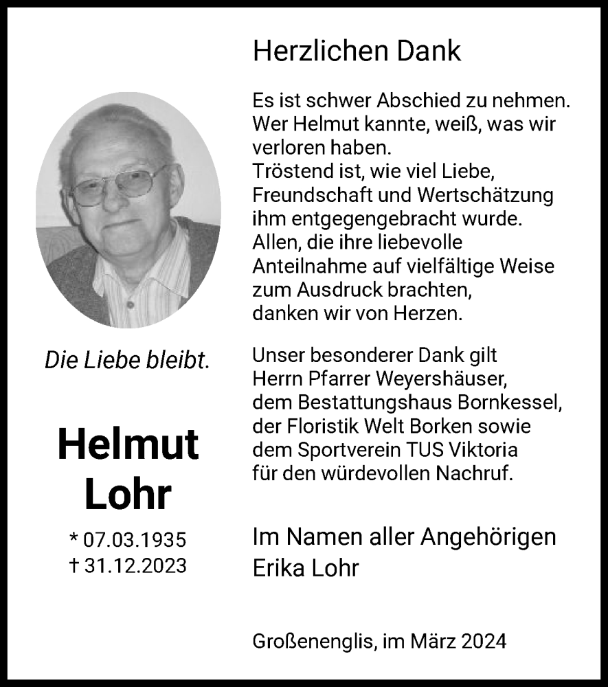 Traueranzeigen Von Helmut Lohr | Trauer.HNA.de