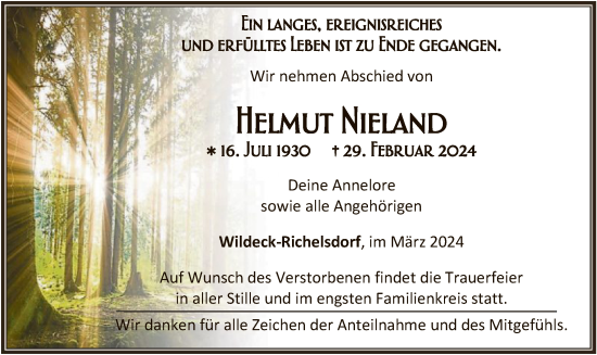 Traueranzeige von Helmut Nieland von HNAHNA