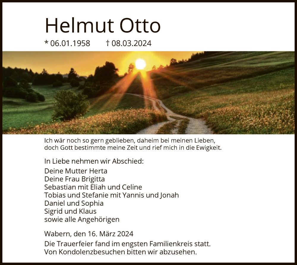  Traueranzeige für Helmut Otto vom 16.03.2024 aus HNA