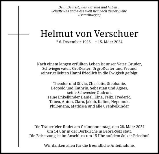 Traueranzeige von Helmut von Verschuer von HNA