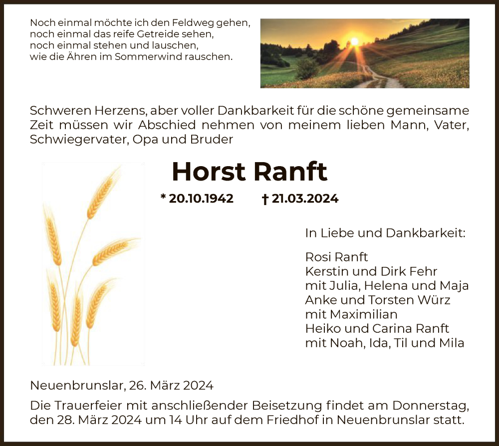  Traueranzeige für Horst Ranft vom 26.03.2024 aus HNAHNA