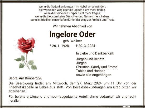 Traueranzeige von Ingelore Oder von HNA