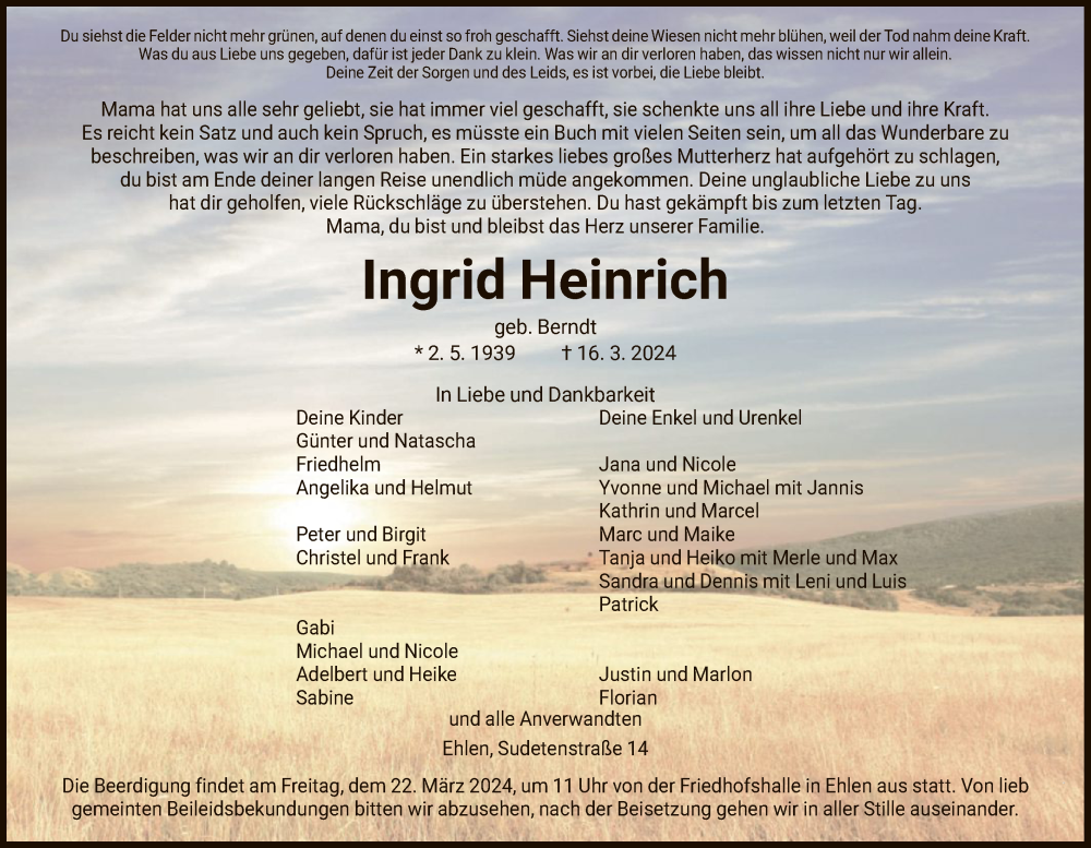  Traueranzeige für Ingrid Heinrich vom 20.03.2024 aus HNA