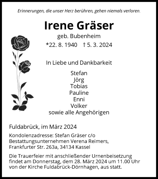 Traueranzeige von Irene Gräser von HNA