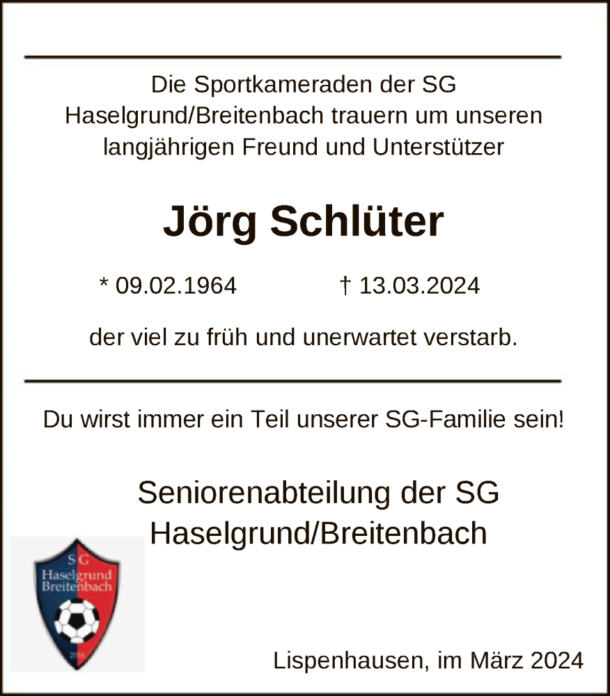  Traueranzeige für Jörg Schlüter vom 22.03.2024 aus HNA