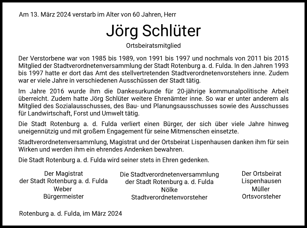  Traueranzeige für Jörg Schlüter vom 22.03.2024 aus HNA