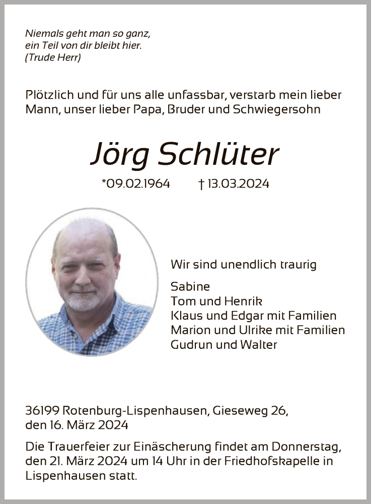  Traueranzeige für Jörg Schlüter vom 16.03.2024 aus HNA