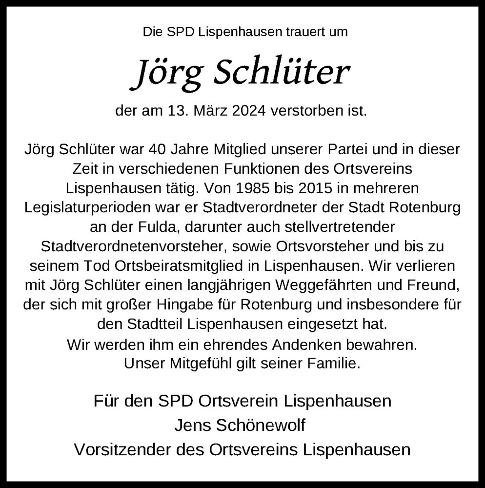  Traueranzeige für Jörg Schlüter vom 20.03.2024 aus HNA