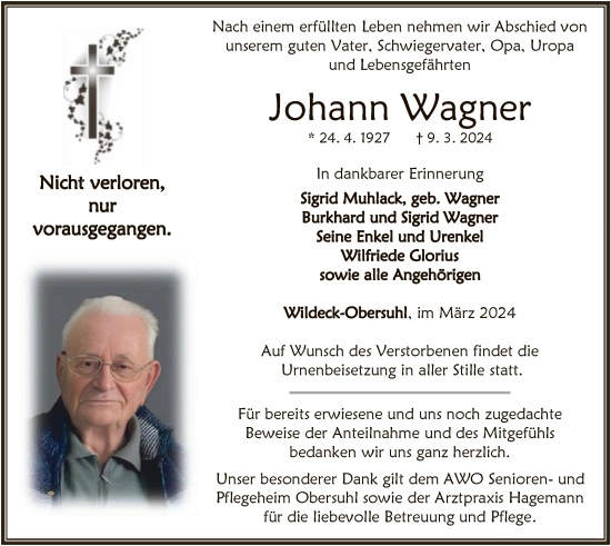 Traueranzeige von Johann Wagner von HNAHNA