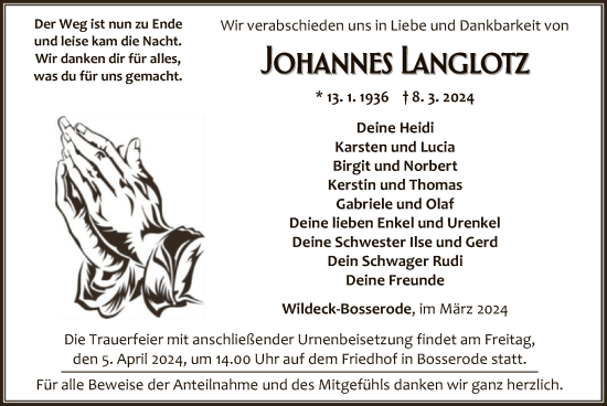 Traueranzeige von Johannes Langlotz von HNA