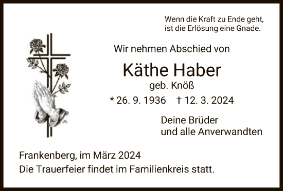 Traueranzeige von Käthe Haber von HNA