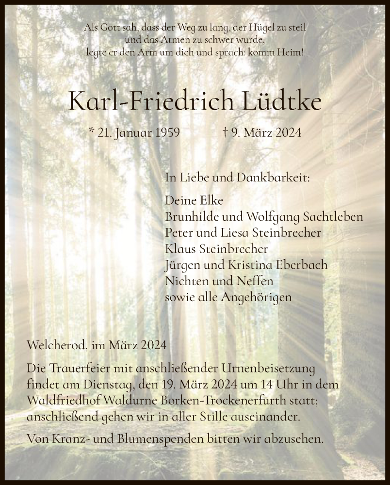  Traueranzeige für Karl-Friedrich Lüdtke vom 14.03.2024 aus HNA