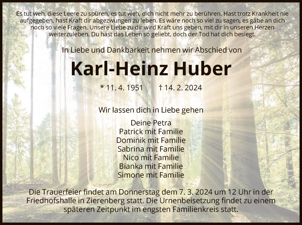  Traueranzeige für Karl-Heinz Huber vom 02.03.2024 aus HNA