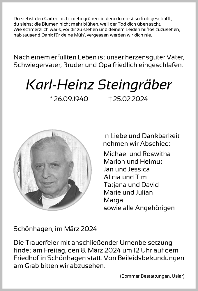  Traueranzeige für Karl-Heinz Steingräber vom 02.03.2024 aus HNA