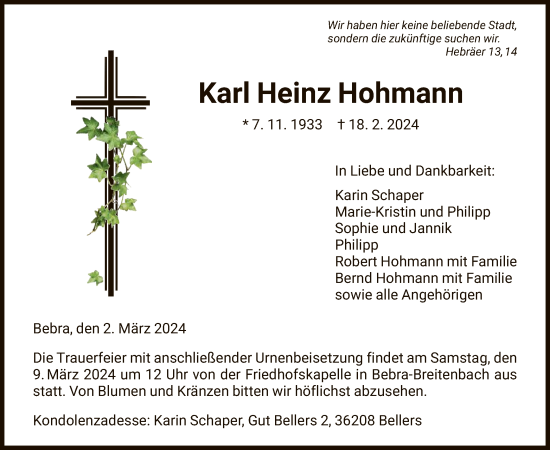 Traueranzeige von Karl Heinz Hohmann von HNA