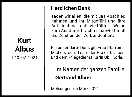 Traueranzeige von Kurt Albus von HNA