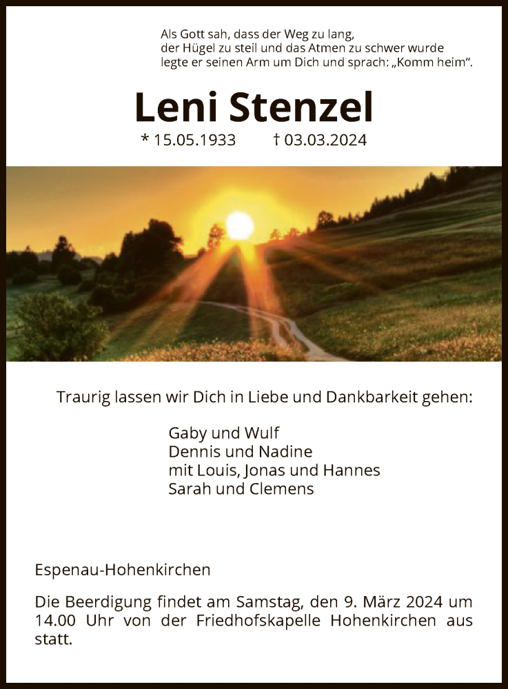  Traueranzeige für Leni Stenzel vom 07.03.2024 aus HNA