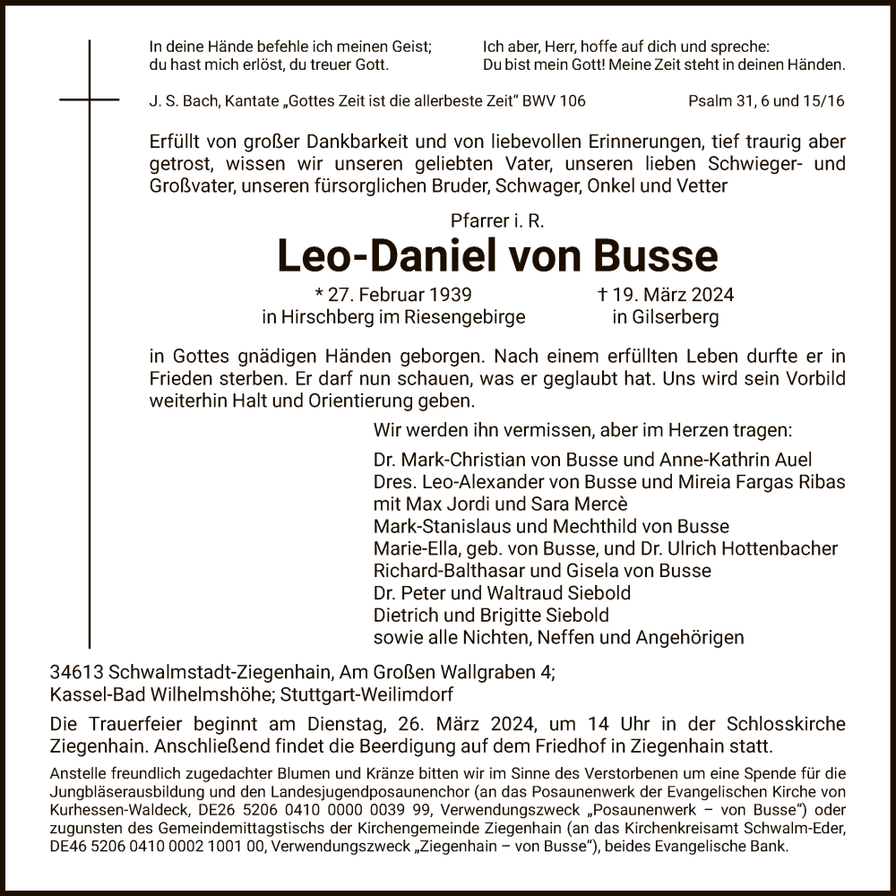  Traueranzeige für Leo-Daniel von Busse vom 23.03.2024 aus HNA