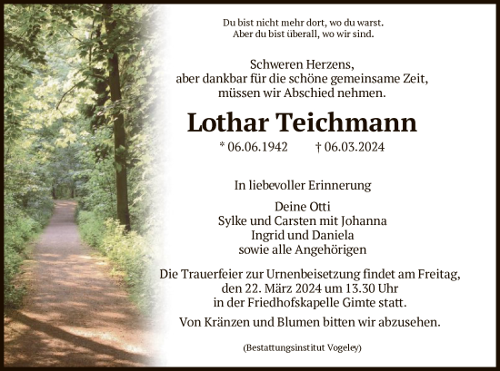 Traueranzeige von Lothar Teichmann von HNA