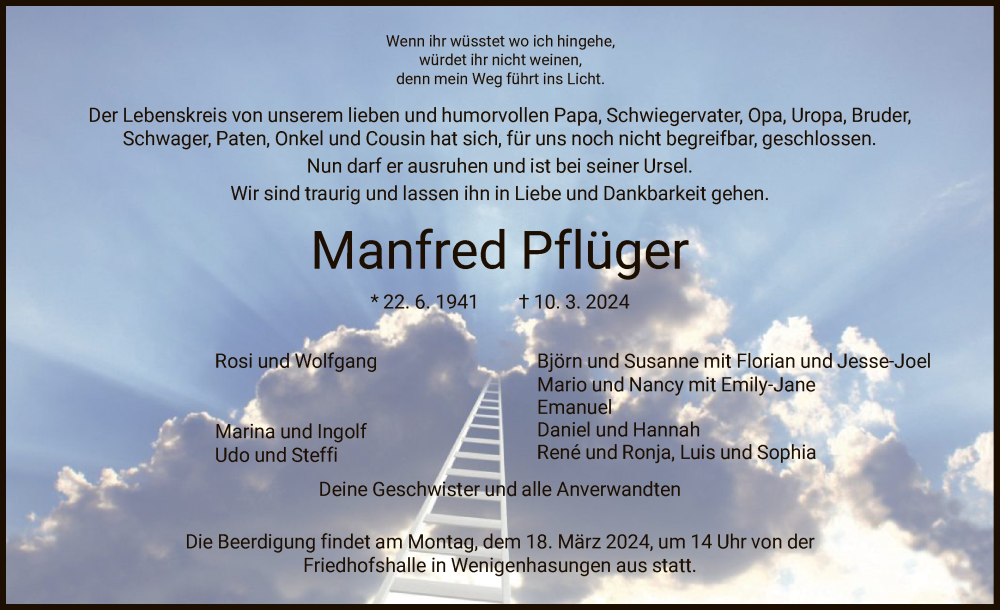  Traueranzeige für Manfred Pflüger vom 14.03.2024 aus HNA