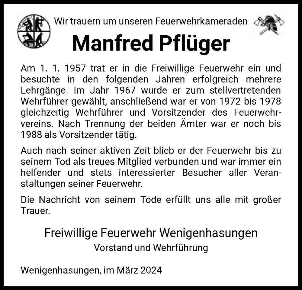  Traueranzeige für Manfred Pflüger vom 16.03.2024 aus HNA