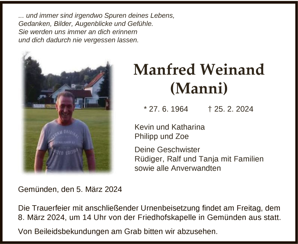  Traueranzeige für Manfred Weinand vom 05.03.2024 aus HNA
