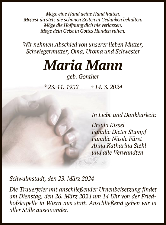 Traueranzeige von Maria Mann von HNA