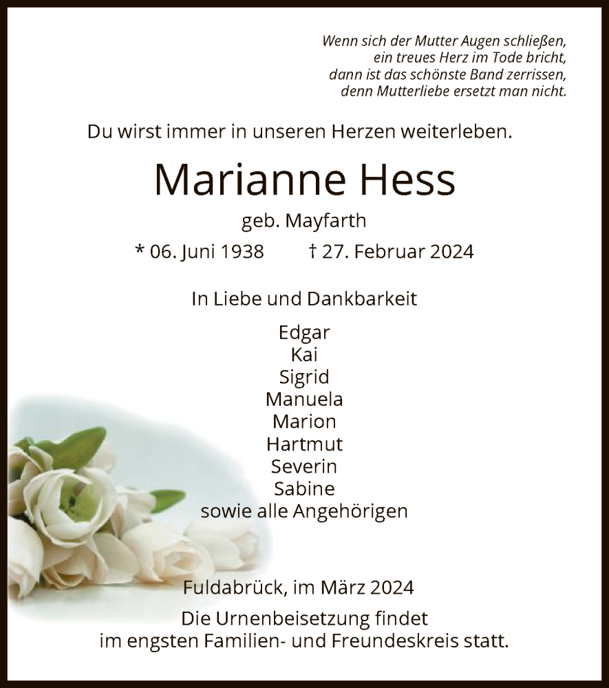  Traueranzeige für Marianne Hess vom 16.03.2024 aus HNA