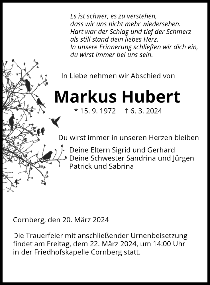  Traueranzeige für Markus Hubert vom 20.03.2024 aus HNA