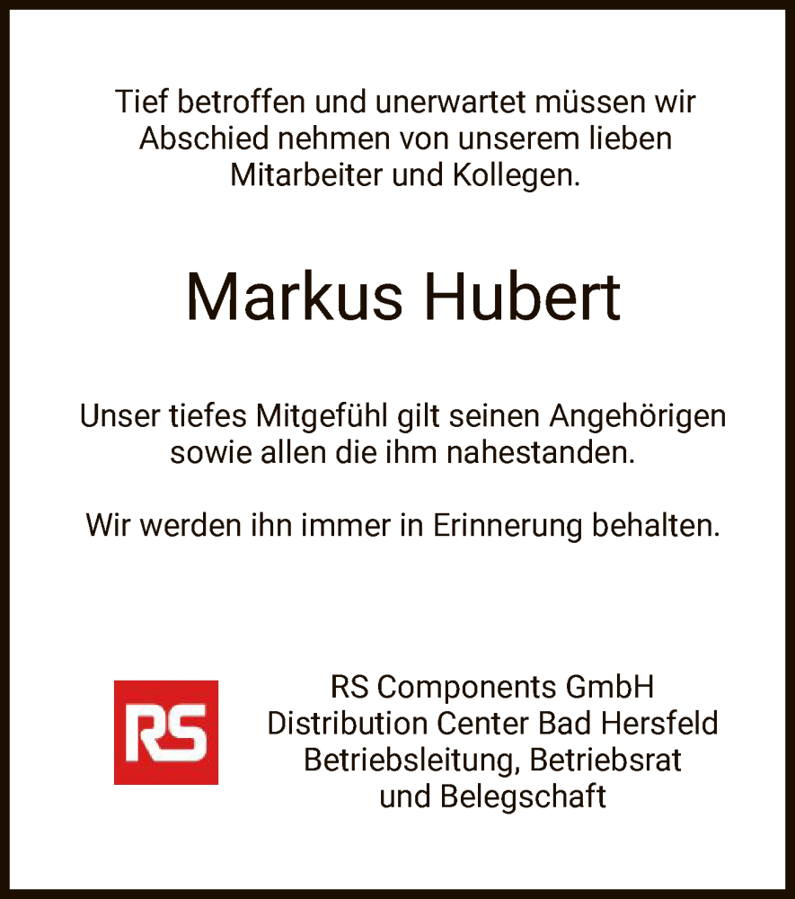  Traueranzeige für Markus Hubert vom 20.03.2024 aus HNA