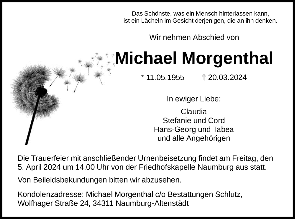  Traueranzeige für Michael Morgenthal vom 30.03.2024 aus HNA