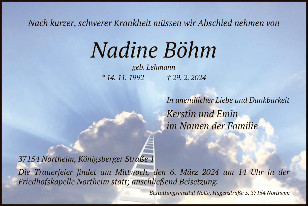  Traueranzeige für Nadine Böhm vom 02.03.2024 aus HNA