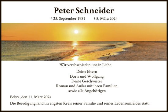 Traueranzeige von Peter Schneider von HNA