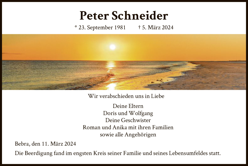  Traueranzeige für Peter Schneider vom 11.03.2024 aus HNA