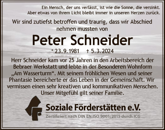 Traueranzeige von Peter Schneider von HNA