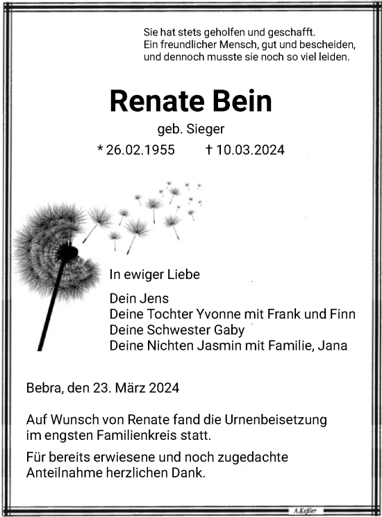 Traueranzeige von Renate Bein von HNA