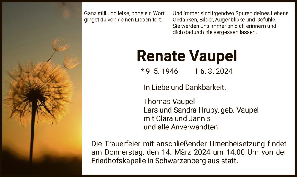  Traueranzeige für Renate Vaupel vom 09.03.2024 aus HNA