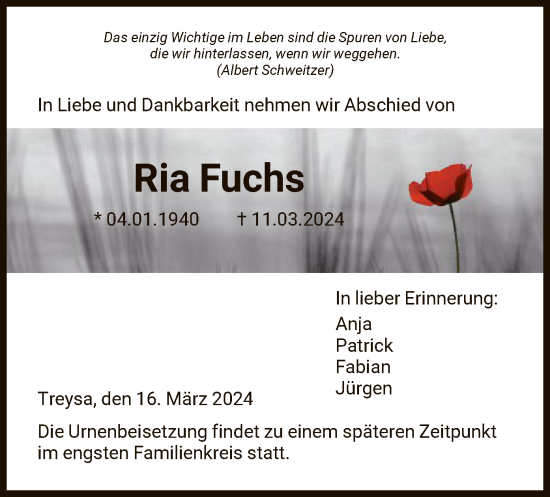 Traueranzeige von Ria Fuchs von HNA