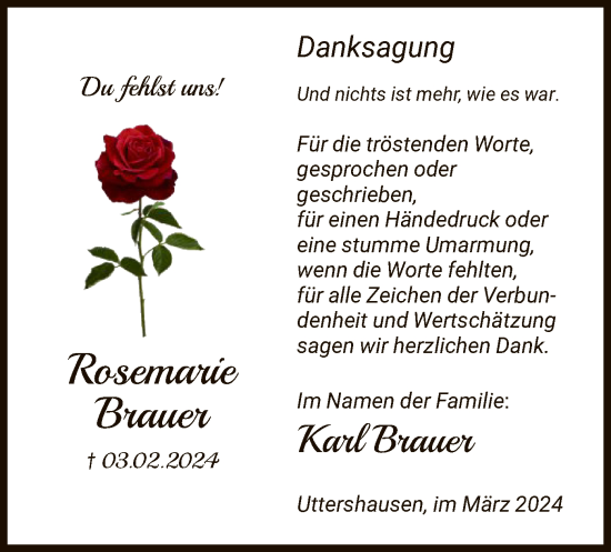 Traueranzeige von Rosemarie Brauer von HNA