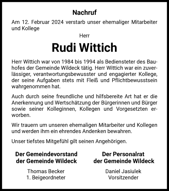 Traueranzeige von Rudi Wittich von HNA