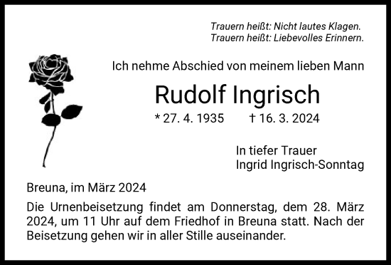 Traueranzeige von Rudolf Ingrisch von HNA