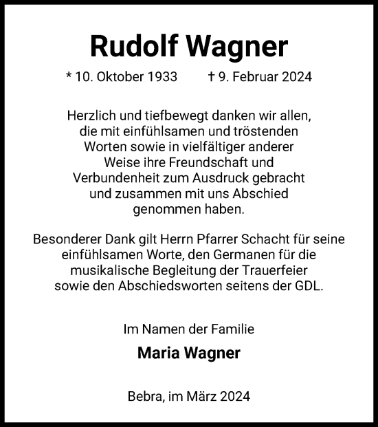 Traueranzeige von Rudolf Wagner von HNA