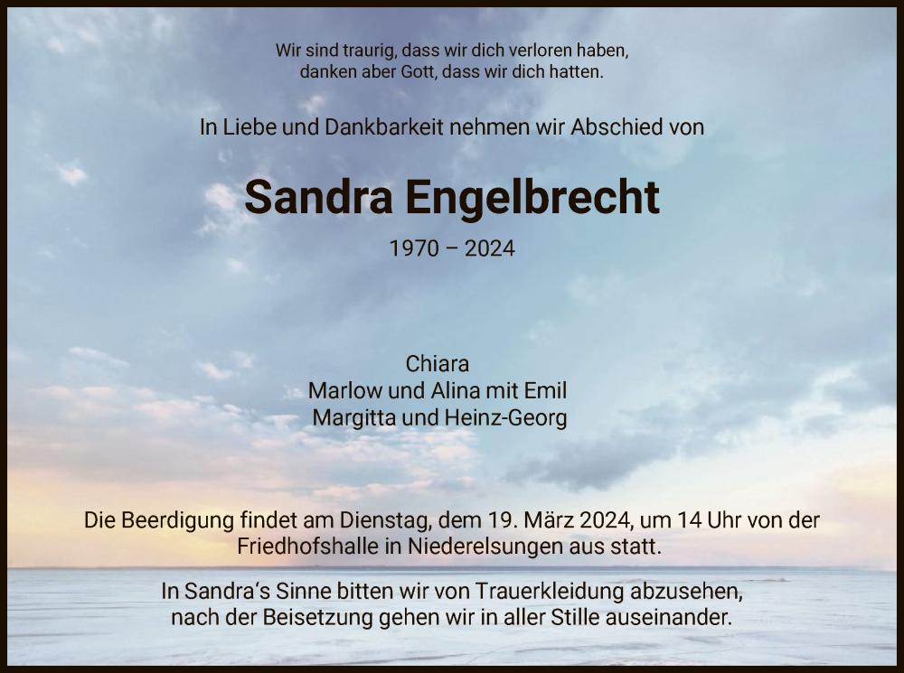  Traueranzeige für Sandra Engelbrecht vom 16.03.2024 aus HNA