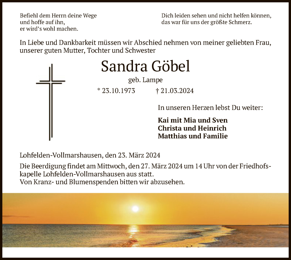  Traueranzeige für Sandra Göbel vom 23.03.2024 aus HNA